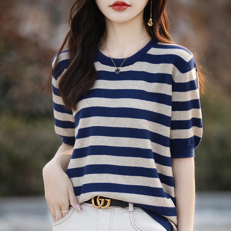IHUASU Women's Colour Blocking Striped Knitwear Summer O-neck T-shirt Loose Casual Knit Short-sleeve Peplum Half-sleeve Tops