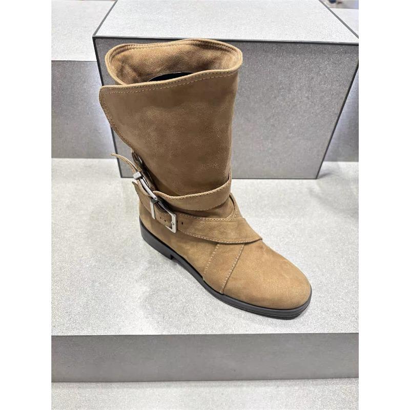 Sheepskin Version~ Korean Niche Round Head Thick Heel Cross Belt Buckle Martin Boots Folded Two Wear Cowboy Boots Women's Short Boots