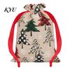 Small Fabric Gift Bags Christmas Tree Print Drawstring Bags, Faux Linen Xmas Treat Bag, Decorative Packaging Reusable Holiday Candy & Apple