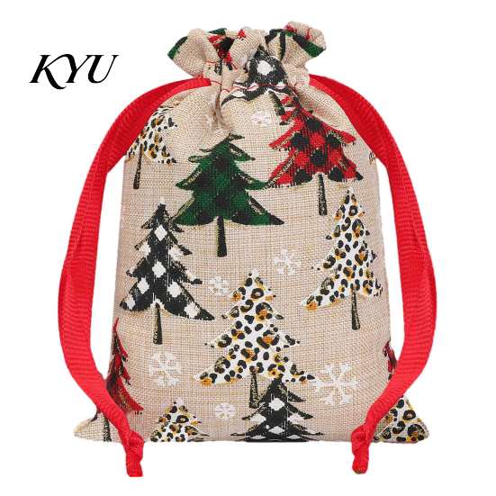 Small Fabric Gift Bags Christmas Tree Print Drawstring Bags, Faux Linen Xmas Treat Bag, Decorative Packaging Reusable Holiday Candy & Apple