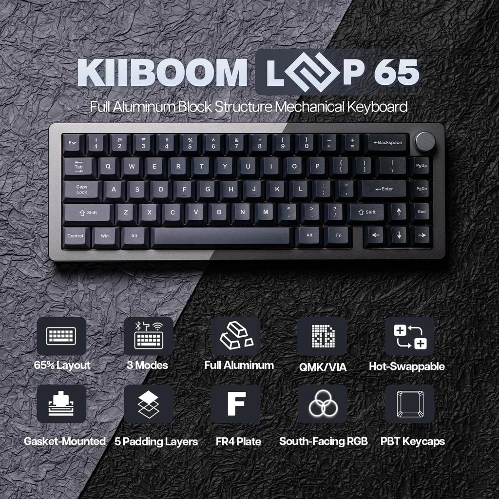 KiiBOOM Loop 65 Full Aluminum Block Mechanical Gaming Wireless Keyboard with FR4 and RGB for 65% Keyboard, QMK/VIA Keyboard, BT5.0/2.4GHz/USB-C