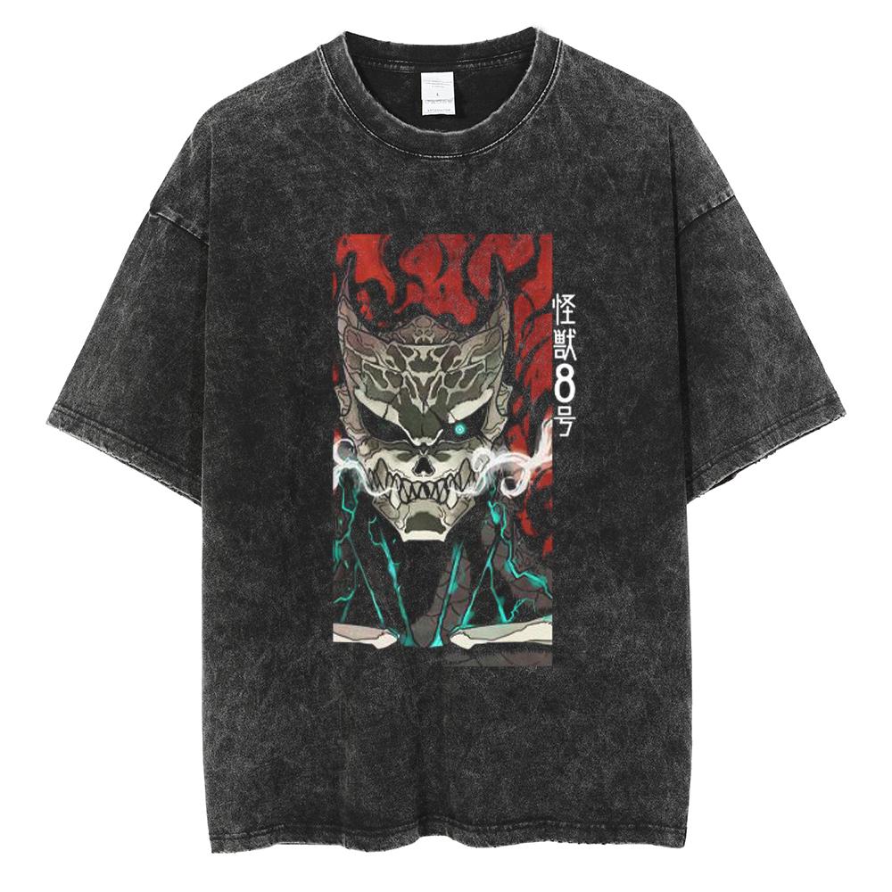 Japan Anime Kaiju No. 8 Cool Print T Shirt Men Women Vintage Washed Cotton Tshirts Oversized T-shirt Harajuku Male Y2k Tee