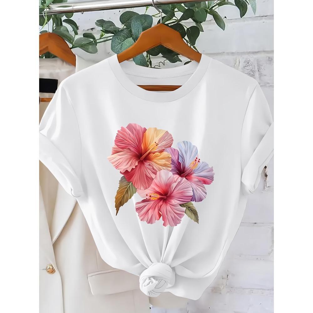 100% Cotton Soft Watercolor Hibiscus Flower Floral Print Casual Loose Fit Women's Crew Neck Short Sleeve Graphic T-Shirt