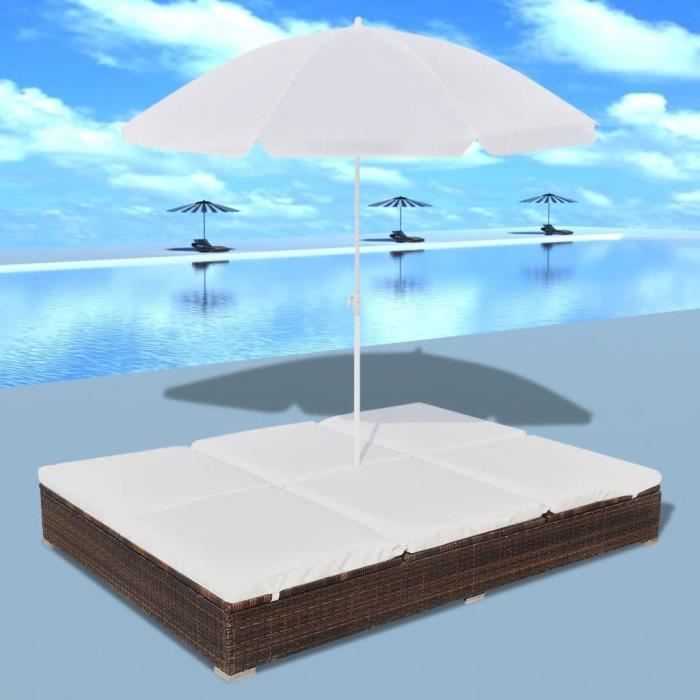 Chaise longue - vidaXL - Double - Résine tressée - Coussins amovibles - Parasol inclus