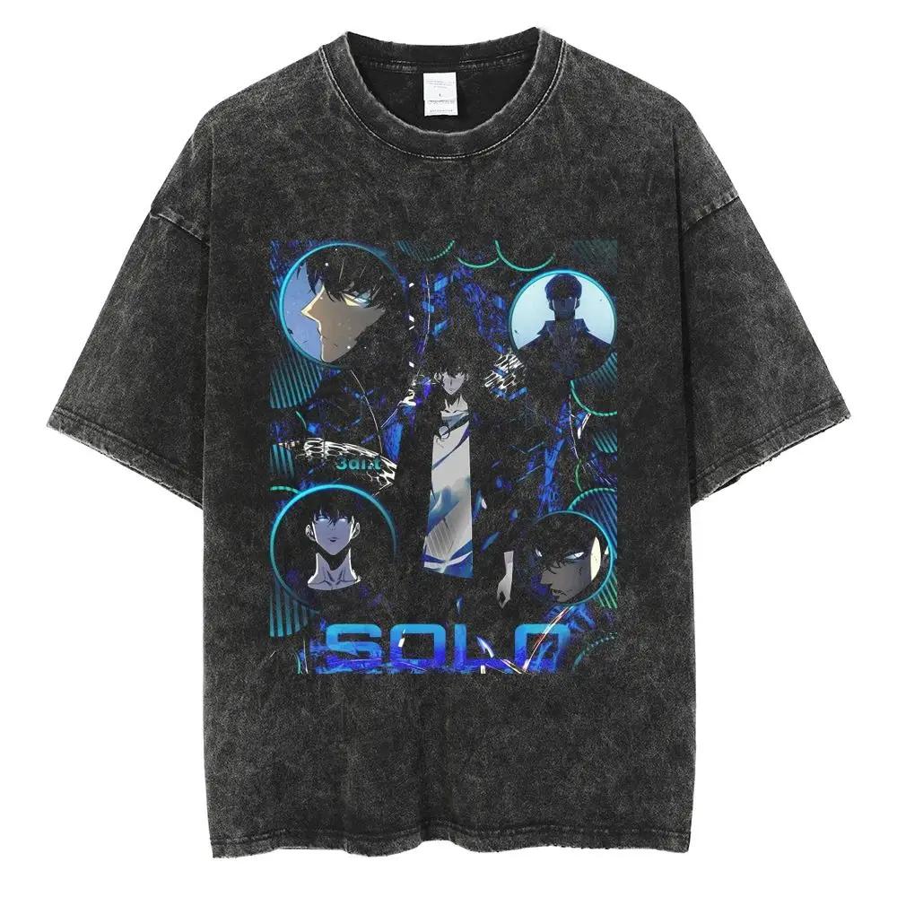 Hot Summer Anime Solo Leveling Sung Jin Woo Print T-shirt Women High Quality Washed Cotton T-shirts Harajuku Plus Size T Shirt