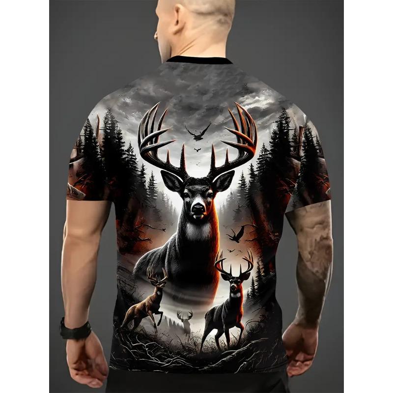 Men's Deer Print T-shirt Sports Short Sleeved Crew Neck T-shirt for Summer Outdoor Fitness Workout Men's Clothing