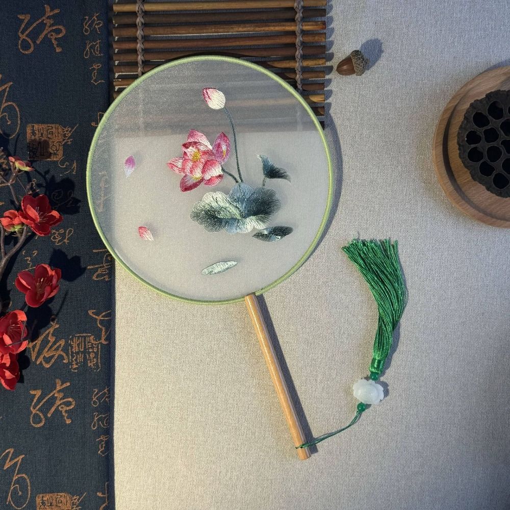 Handheld Chinese Style Round Fan with Pendant Silk Fan HanFu Embroidery Fan  Chinese Wedding