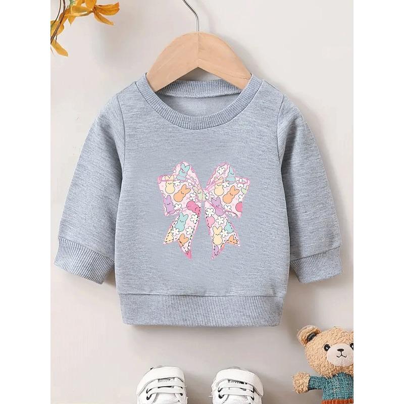 European sizes Cute Rabbit Bow Print Pattern, 0-3 Year Old Baby Kid Durable Wrinkle-Resistant Baby Spring And Autumn Thin Round Neck Sweatshirt