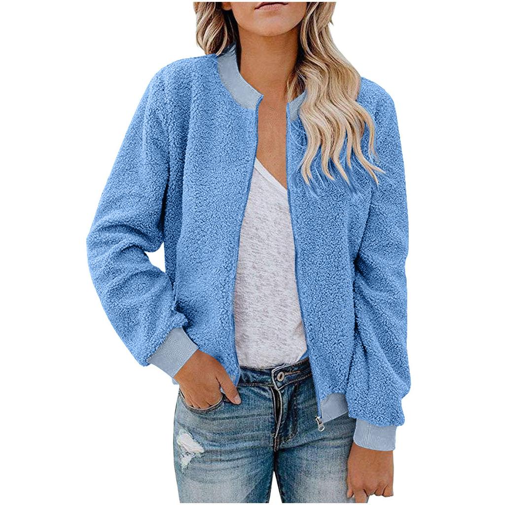 Women's Fashionable Warm Shearling Jacket With Zip-Up Colour Outerwear