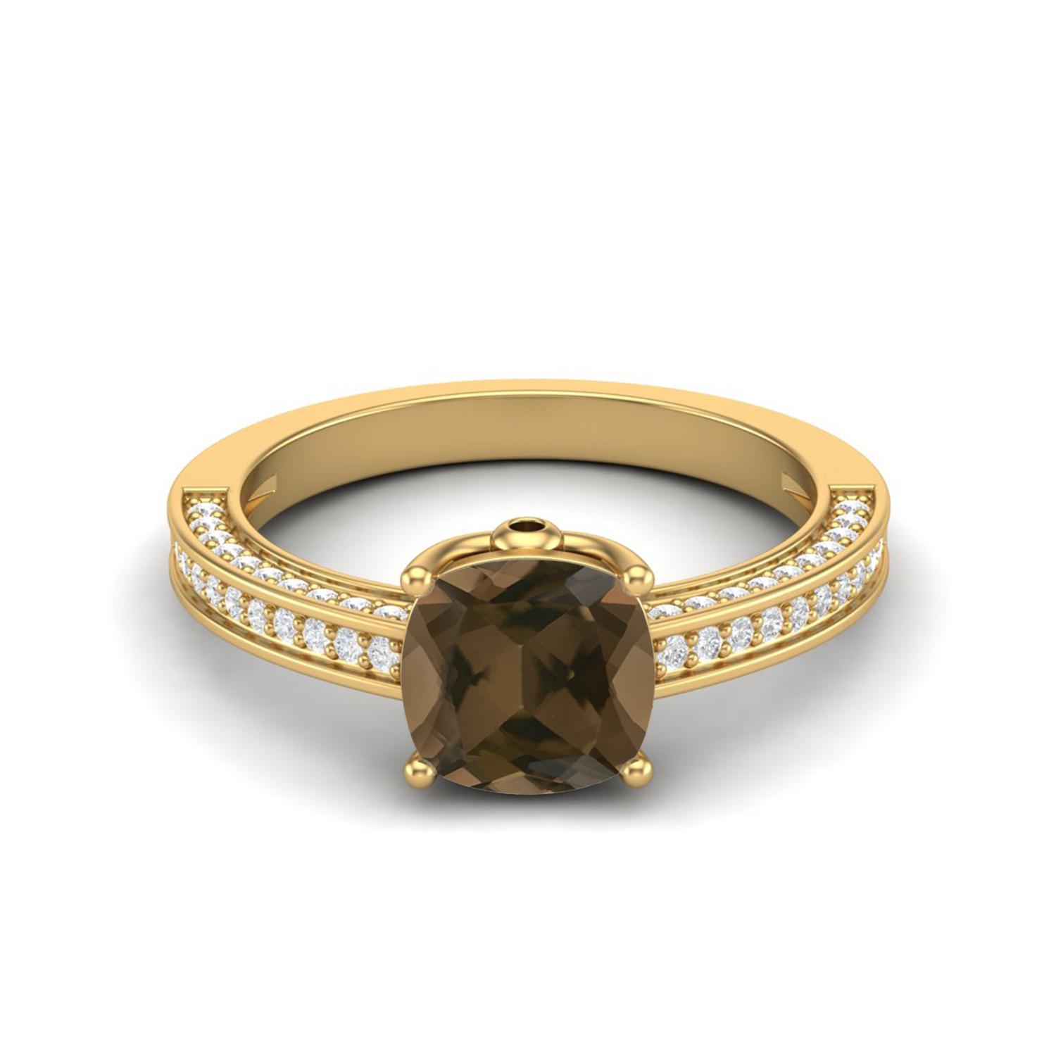 7mm Cushion Shape Smoky Quartz 925 Sterling Silver Gold Vermeil Solitaire Women Engagement Ring 10