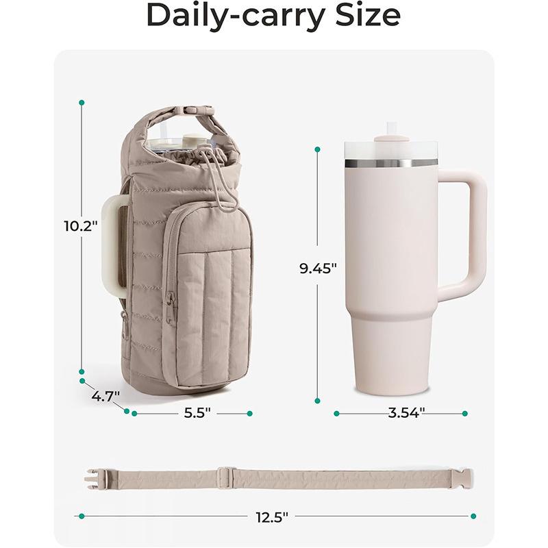Down Insulated Water Bottle Carrier Portable Large Capacity Crossbody Bag for Outdoor Sports Travel Thermos Holder