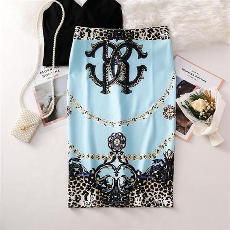 Summer Print Elegant Pencil Skirt Women  High Waist Knee Length Skirt Female