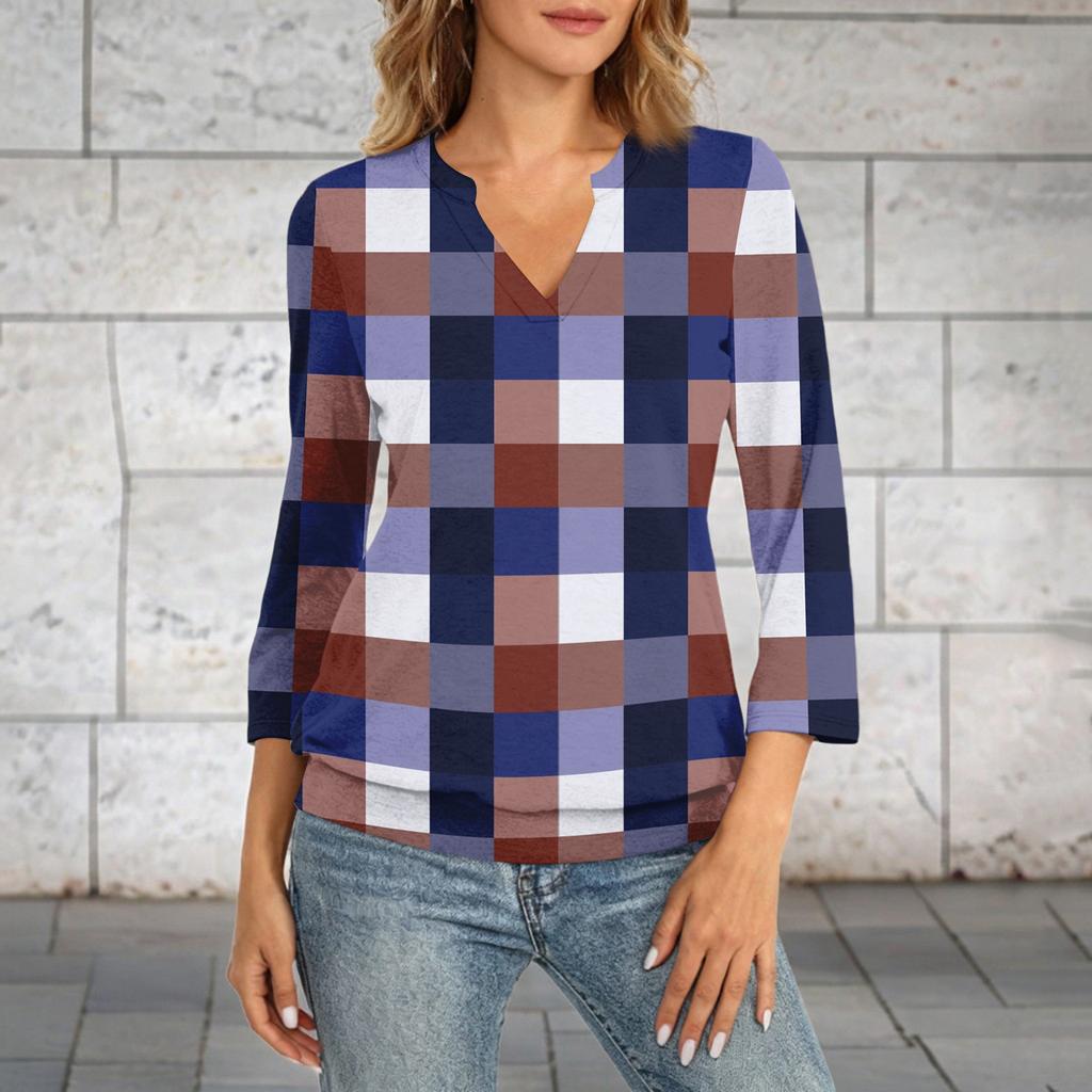 Women's 3/4 Sleeve Top Neck Hem V,Neck Summer Casual ,Shirt Plaid Printed Top