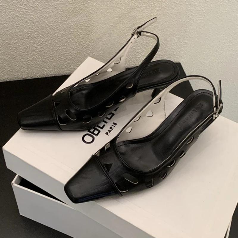 Fashion Comfort Hollow High Heeled Sandals Women Fashion Square Toe Buckle Kitten Heel Brand Designer Shoes Elegant Outdoor Office Shoes