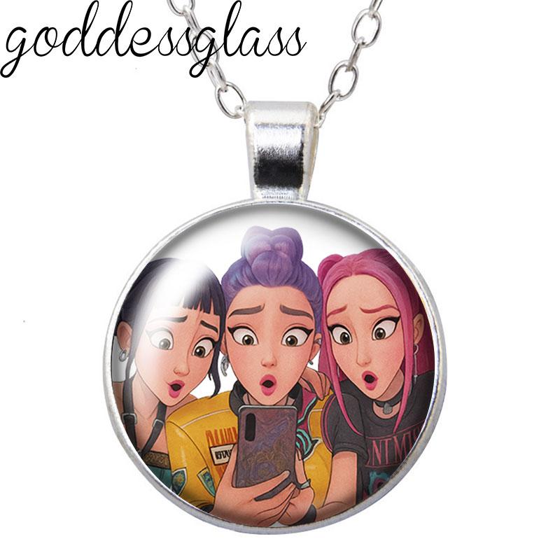 

K-Pop Demon Hunter Anime Film Rumi Zoey Mira Cartoon Round Photo Glass cabochon silver plated pendant necklace jewelry Gift
