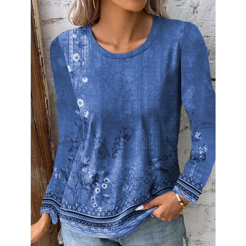 Frühlings- und Herbst-Rundhals-Oberteil mit 3D-Blumen- und Paisley-Druck, modische, lässige Damen-T-Shirts mit langen Ärmeln