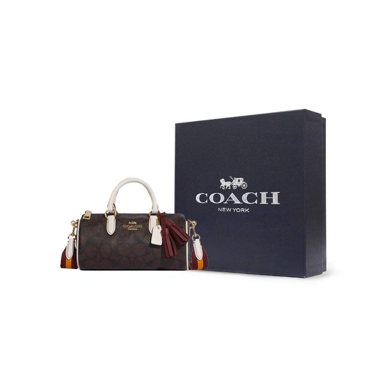 New COACH Lacey Artificial Leather Boston Bag, Handbag, Shoulder Bag, Crossbody Bag Trumpets Women's Brown & Chalk White CB874-IMDGQ