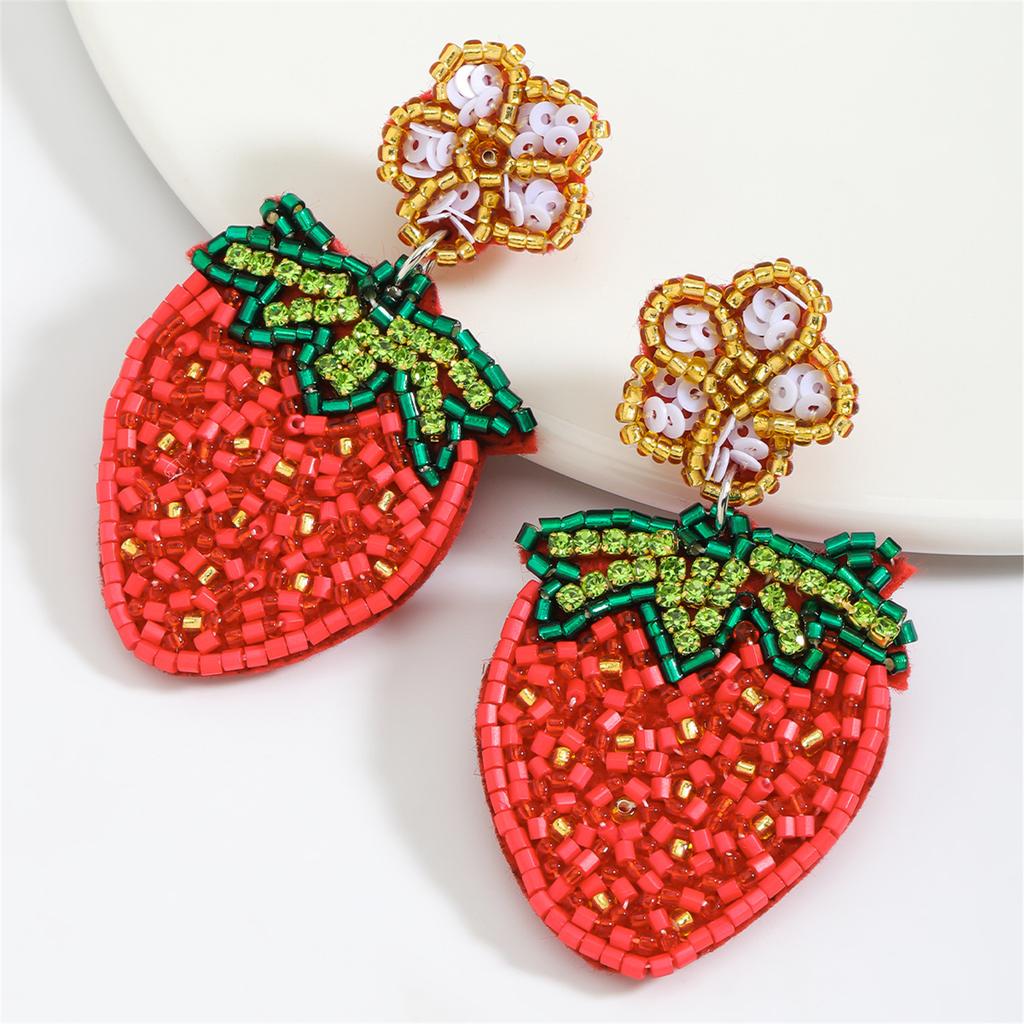 Cute Fruit Beaded Rhinestones Earrings Exquisite Beaded Strawberry Flower Drop Ear Studs Unique Earrings for Party Wear