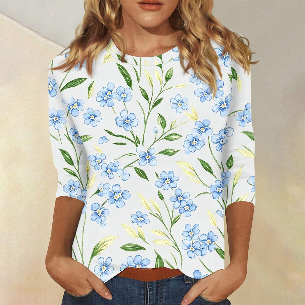 Damen Casual Oberteil mit Blumendruck 3/4 Ärmel Rundhalsausschnitt Leichter weicher Stoff Bequeme Passform Stilvolles Design für den Alltag