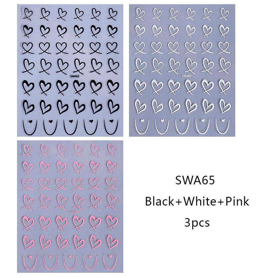 3pcs Valentine's Day Nail Art Stickers 3D Black White Pink Lines Love Nail Decals DIY Adhesive Slider Manicure Decorations