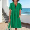 Women Cotton Linen Dress Short Sleeve V Neck A-Line Swing Dress Summer Casual Beach Vacation Sundress with Pockets