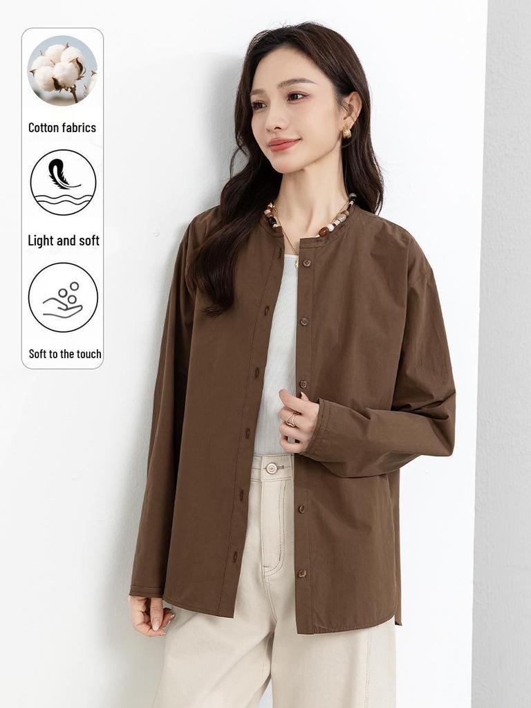 Xin Ge Cotton Loose Casual Long Sleeve Shirt with Beaded Collar