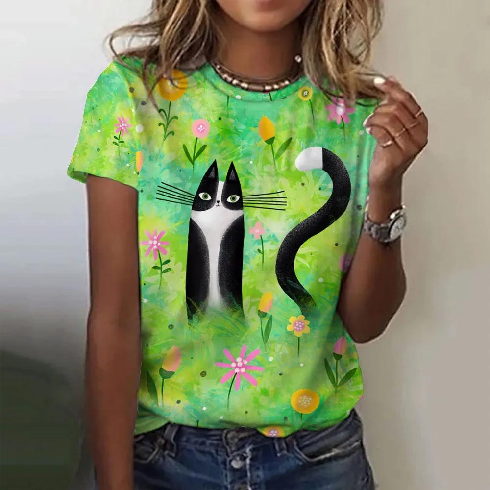 Summer Women Fashion T-shirt Funny Cartoon Cat Pattern O-Neck Tops Tees Female Short Sleeve Clothing Ladies Daily Casual Outfit