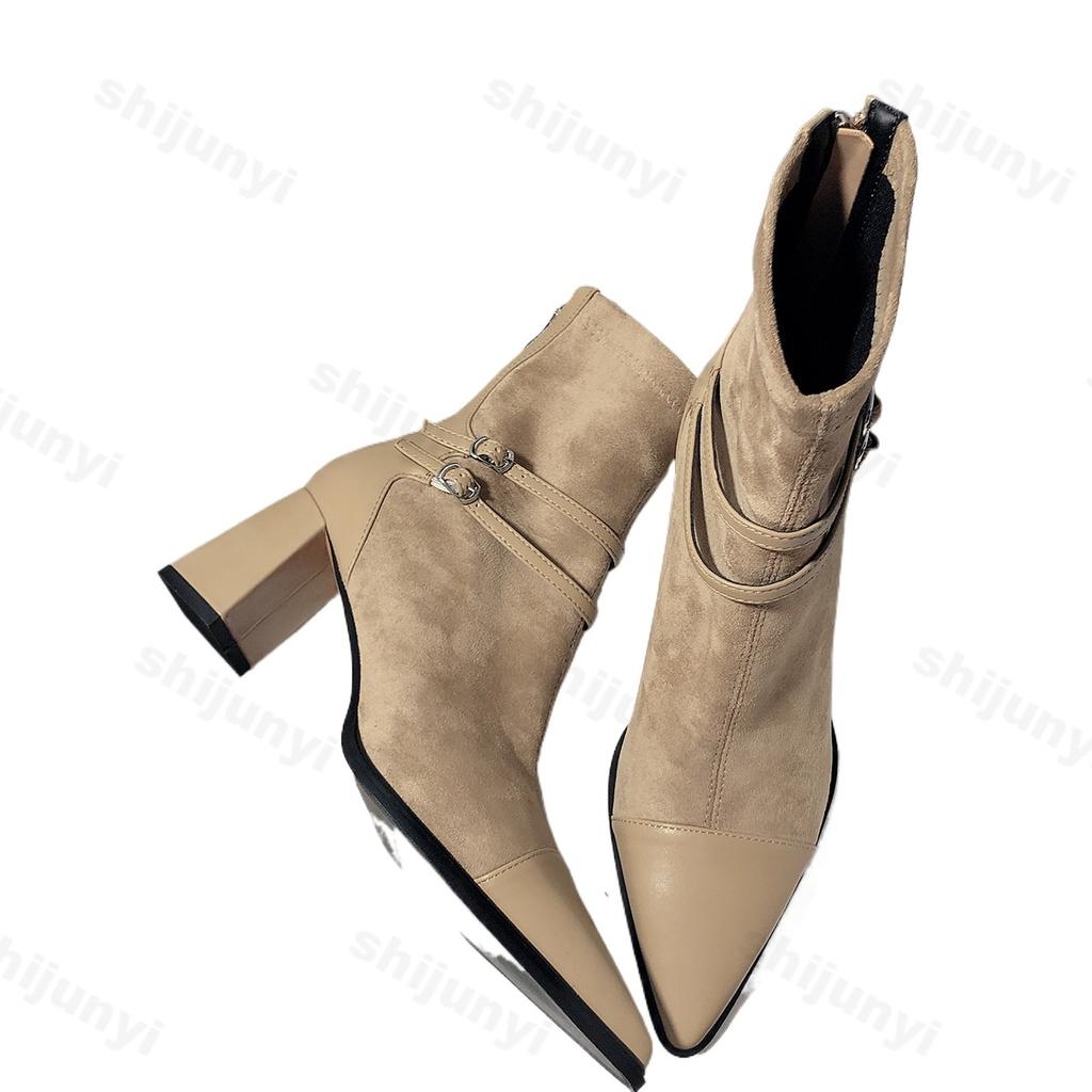 Mode Skor för Kvinnor 2025 Nya Designer Spänne Blixtlås Bak Kvinnors Stövlar Klassiska Kvinnor Högklackade Ankelstövletter Damer Sexiga Spetsiga Skor