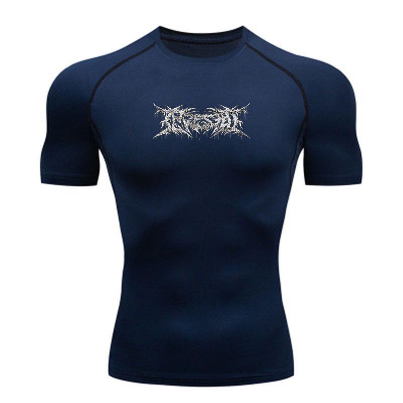 Men's Quick Dry Compression Workout T-Shirt, Gothic Metal Style Printed Athletic Short Sleeve Top for Gym Running Training Sports Wear