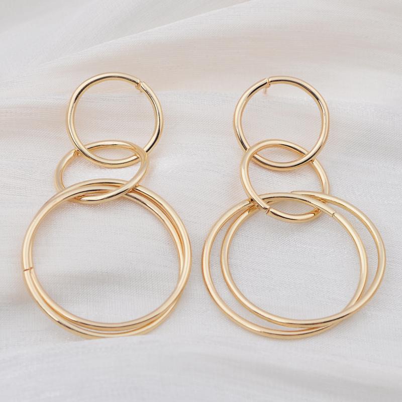 European Vintage Long Round Drop Earrings for Women Three Layer Hollow Circle Dangle Earrings Big Geometry Golden Jewelry