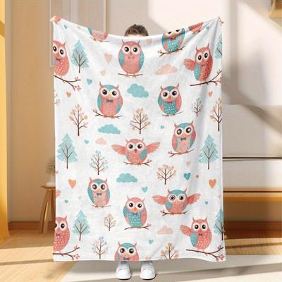 1 Double-sided Flannel Blanket with Cute Owl and Pink Tree Design - Soft Plush Polyester All Season Comfortable Bed Cover