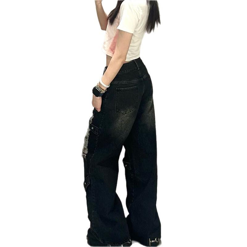 Women's Wide-Leg Ripped Jeans - Y2K Inspired, Loose-Fit, Black/Gray Straight High-Street Style