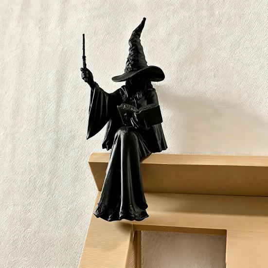 Black Witch Figurine for Home Shelf Faceless Sitter Figurine, 3D Printed Wizard Statue with Halloween Party Tabletop Decoration Wand Spell Book,