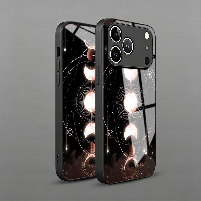 Pink Black Star Phase Moon Wheel Tempered Glass Phone Case for iPhone 17 Pro Max 14 15 16 Plus 13 12 11 X XS XR 16E 17Air Cover
