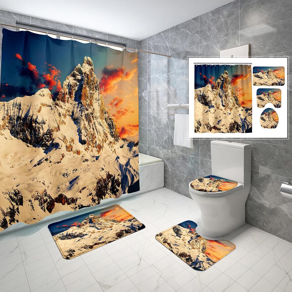Snow Mountain Shower Curtain Set Waterproof Winter Natural Scenery Shower Curtain With Hook Non-Slip Bath Mat Toilet Lid Cover
