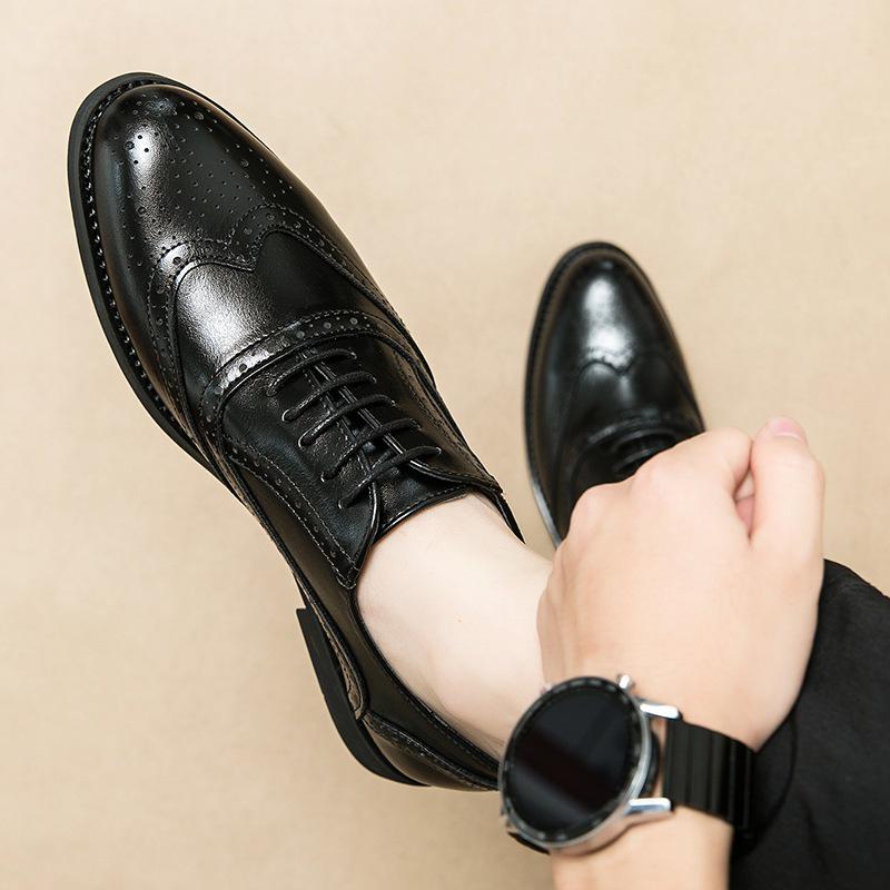 British Men's Carved Leather Brogues with Pointed Toe - Plus Size Formal & Casual Color Block Shoes