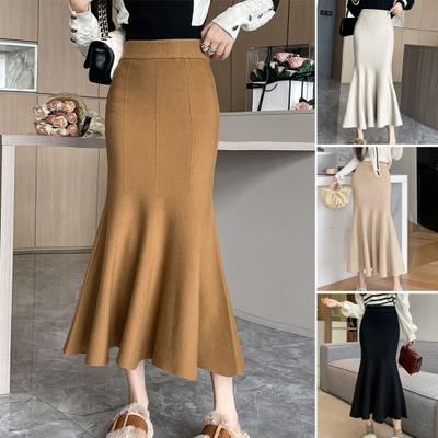 חצאית זנב דג מותן גבוה אלסטי עוטפת ירכיים חצאית מקסי צבע אחיד גברת משרד סריג ארוך