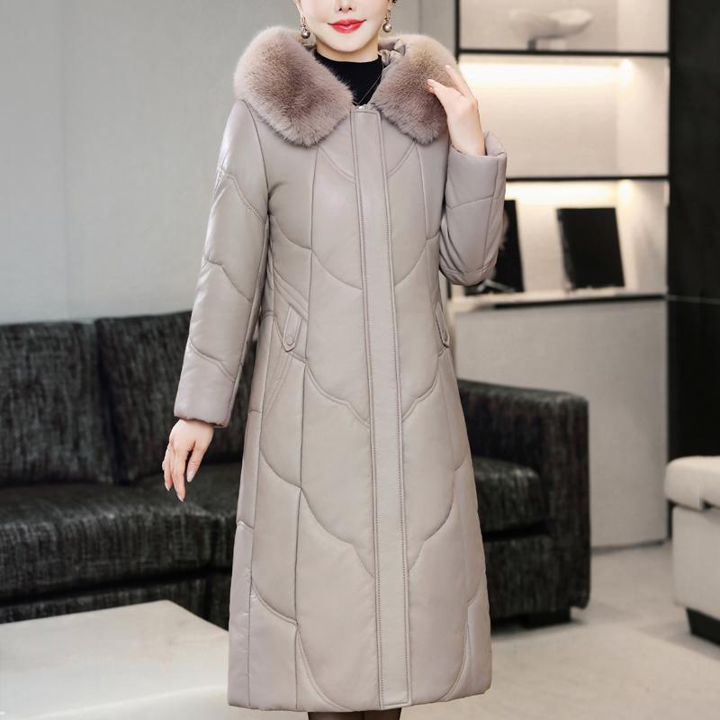 Middelbare leeftijd Vrouw Winter Faux Schapenvacht Jassen Capuchon Bontkraag Elegant Dik Warm Winter Lange Parka's Dames Leren Jas