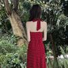 Red polka dot neck sling dress for women's summer travel, beautiful seaside vacation, beach long skirt for women