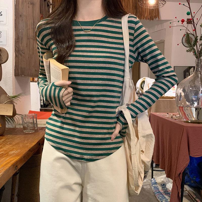 

Футболка с длинными рукавами и круглым вырезом, женская, весенне-осенняя, полосатая, контрастного цвета, утягивающая и универсальная, с низом XL