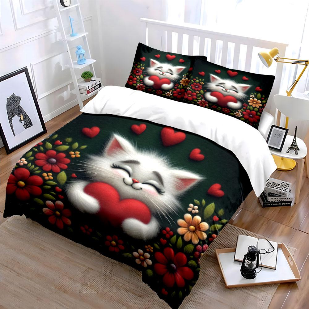 3D Fluffy White Cat Red Heart Floral Bedding SetCute Kitten Flower Valentine Warm Print Kids Bed Set 1 Duvet Cover 2 Pillowcase