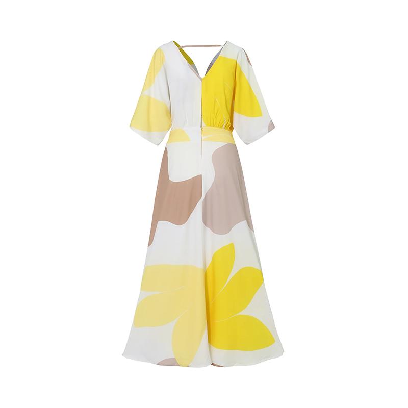 Mode V-ausschnitt Gedruckt Taille-schließen Kleid Frauen Frühling Elegante Schlanke Temperament High-taille Kleider Weibliche Pendler Kleidung