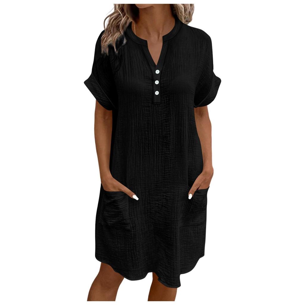 Damen V-Ausschnitt Knopf Kurzarm Kleid mit Taschen Lockerer Schnitt Lässiges Leichtes Tunika-Kleid für den täglichen Gebrauch
