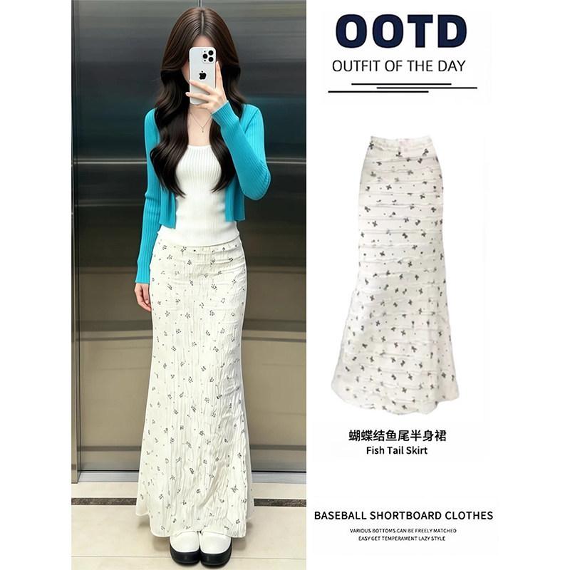 

White floral fishtail skirt long women s early spring a-word hip skirt Berkeley long skirt summer wear S