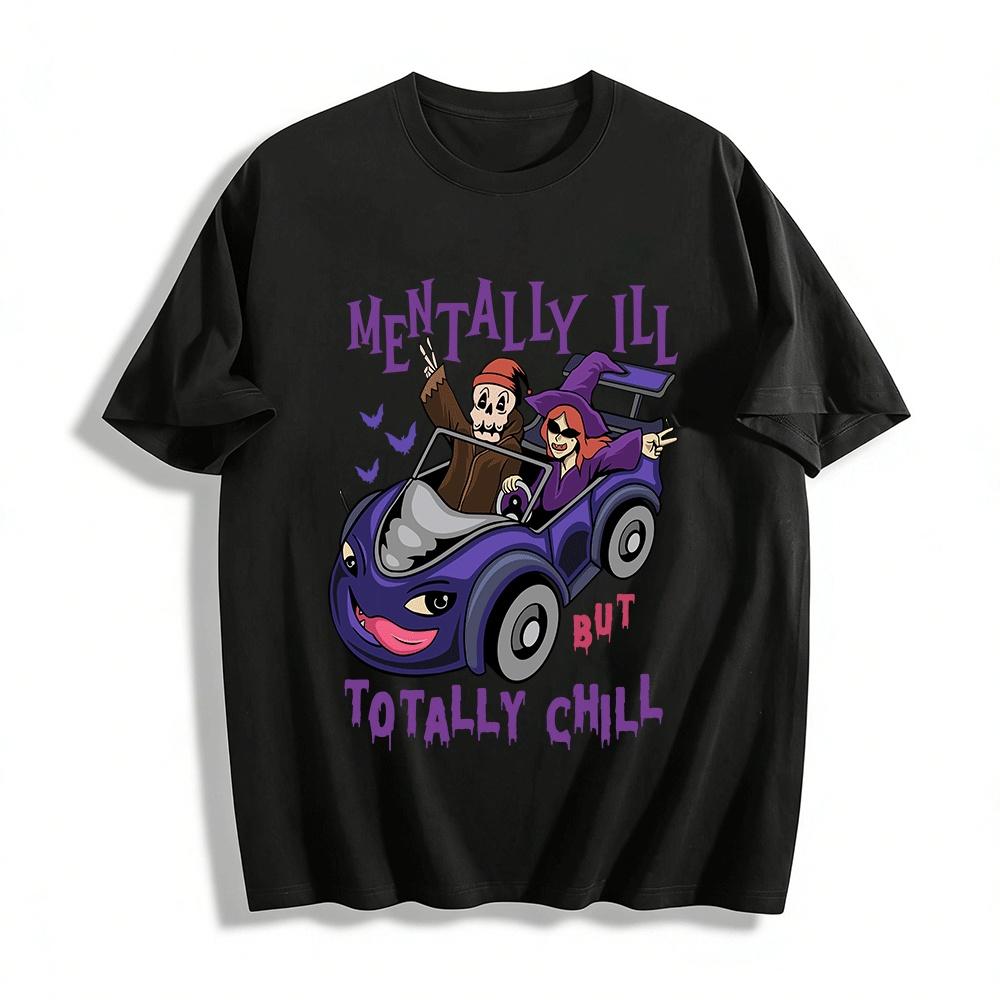 Halloween Skeleton Witch Driving Print Cool Casual T-Shirt Pure cotton T-shirt XXS