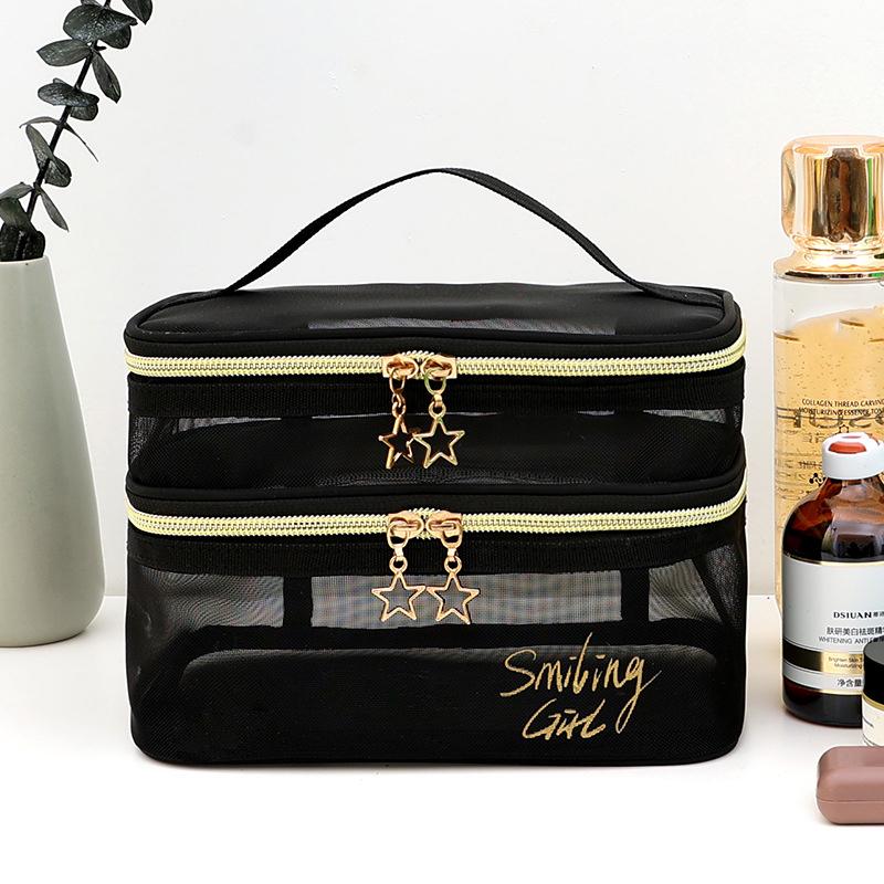 1Pc Double Layer Black Mesh Makeup Case Organizer Storage Pouch Casual Zipper Toiletry Wash Bags Women Travel Cosmetic Bag