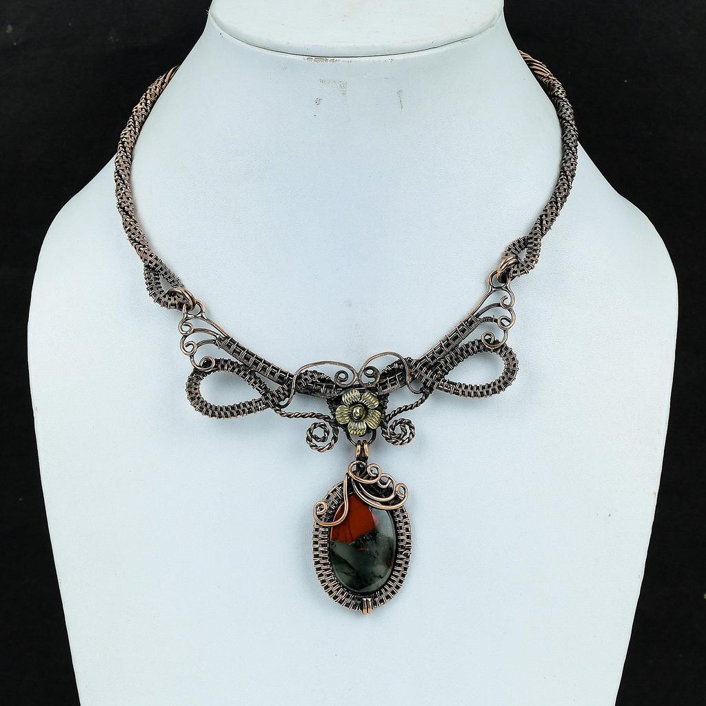 Bloodstone Necklace, 999 Copper Wire Wrapped Jewelry, Gemstone Jewelry Adjustable Chain Necklace, Handmade Wedding Gift Jewelry