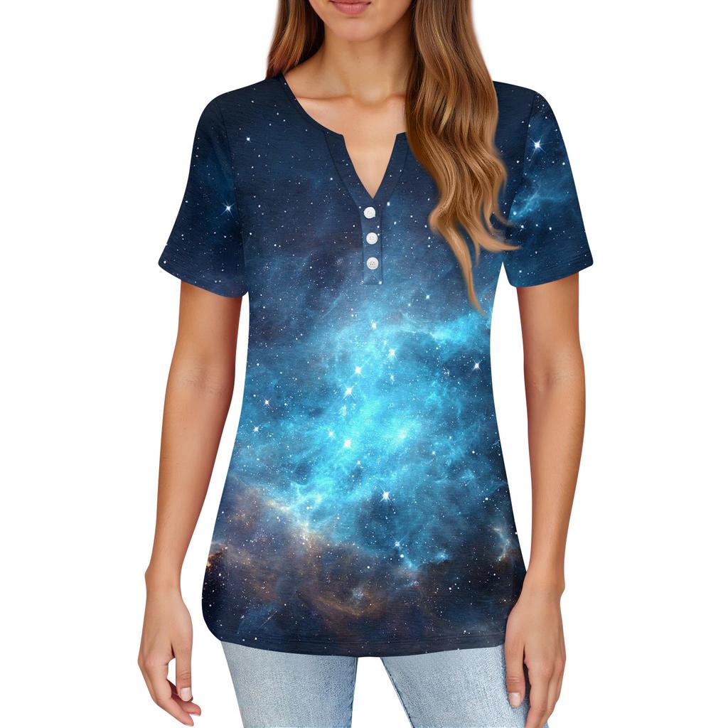 Damska Koszulka z Nadrukiem Guziki Krótki Rękaw Codzienna Weekendowa Moda Podstawowy Dekolt V Regularny Top