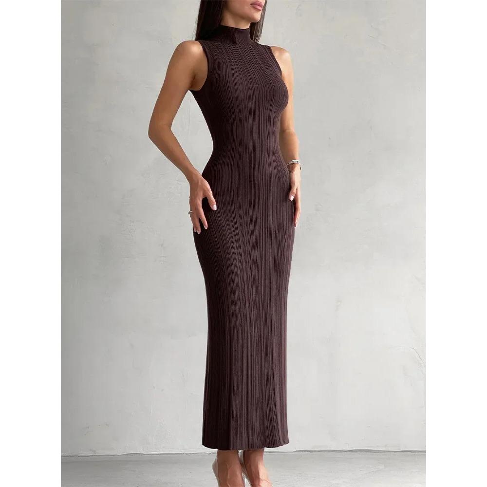 

Без рукавов трикотаж водолазка длинное платье женское тонкое элегантное модное ребристое трикотажное платье для женщин макси платье L кофейный