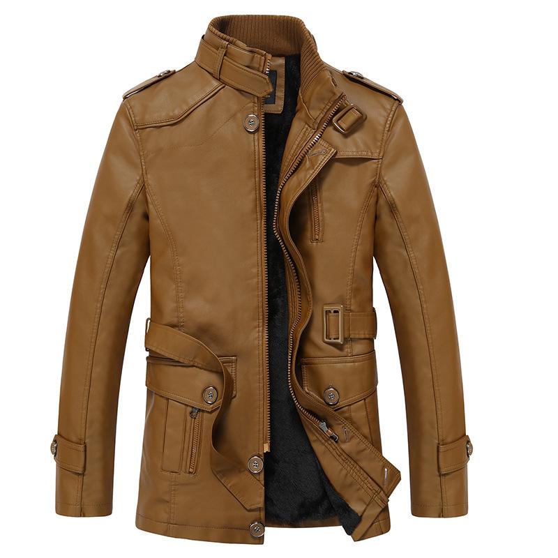 Men's Winter Fleece-Lined Leather Jacket, Mid-Length, Thickened, Casual, Middle-Aged, Warm Cotton Coat